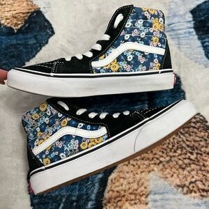 Girls Vans Sk8-Hi Blue Gold Pale Pink Flowers Black Suede & Canvas High-Top Shoe